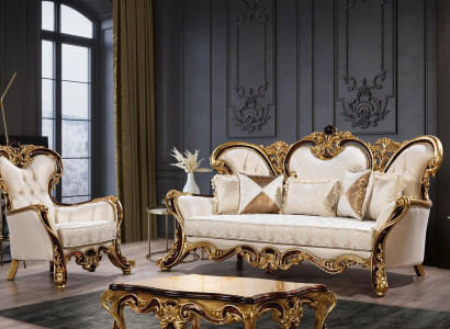 Sofa set 3+1 Seater Gold Coffee table Classic Living room Set 3pcs.